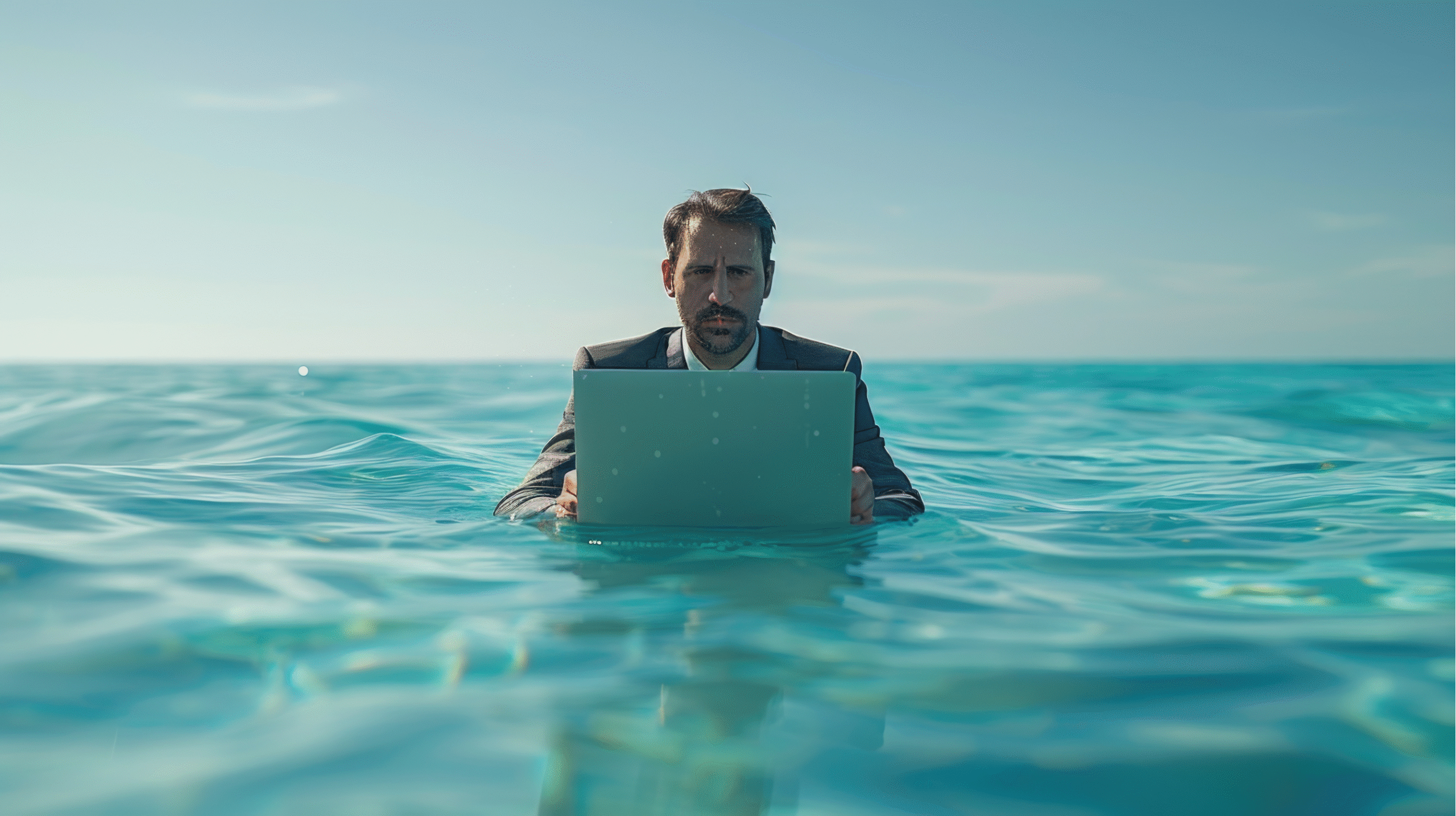 Buissness man on laptop in calm water 3 scaled 1
